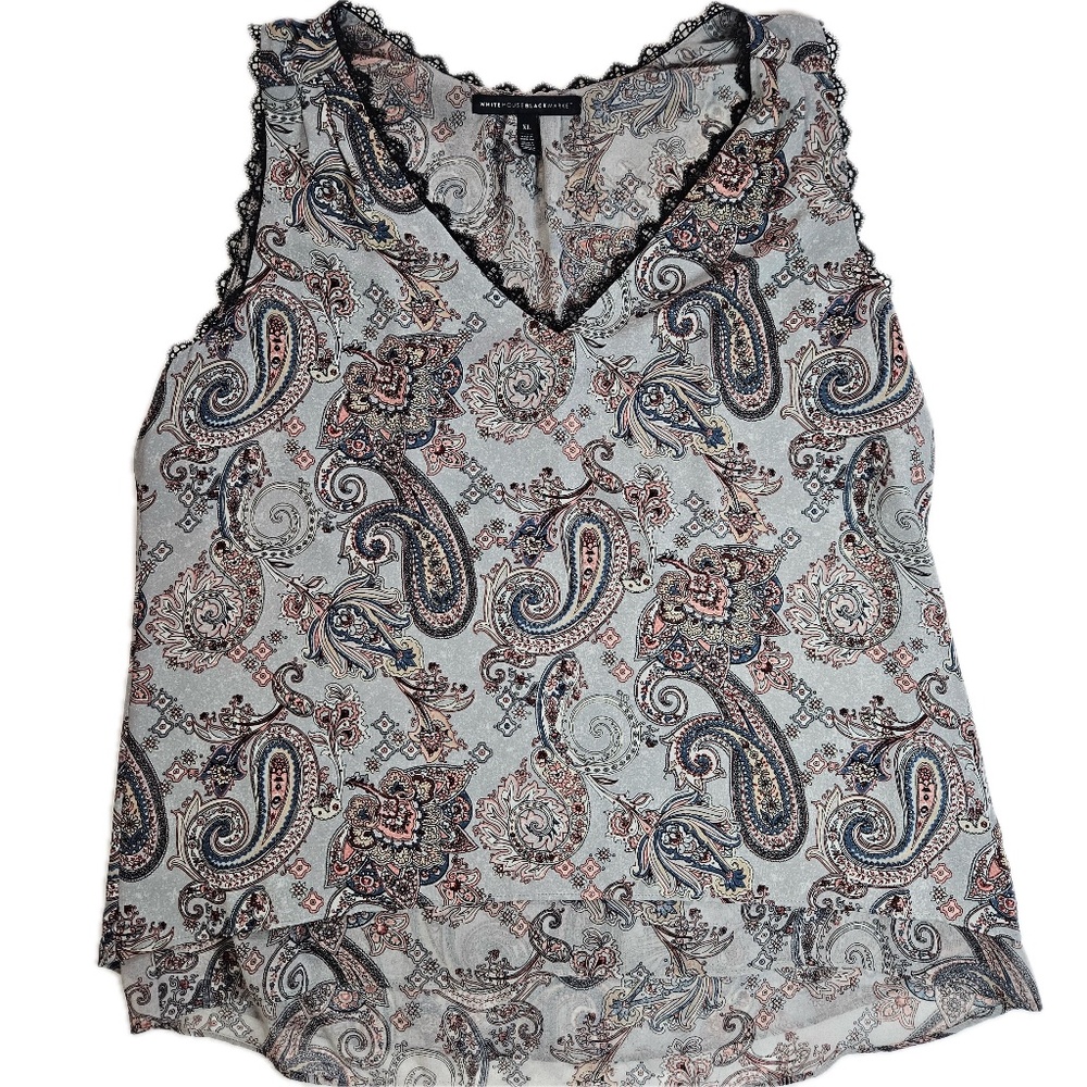 White House Black Market Blouse Womens XL Paisley Lace Trim‎ V-Neck Sleeveless